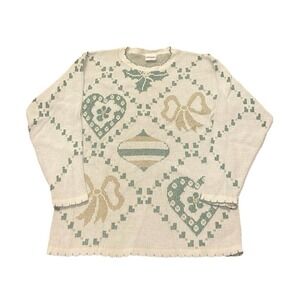 VTG Christmas Sweater‎ S Mistletoe Glitter Ornaments Holiday Bow Gold Green
